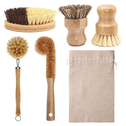 Natural Bamboo Cleaning Brush Set, Kitchen/Pot/Sink Dish Scrub Brush with Handle and Flannel Bag Kitchen Brushes