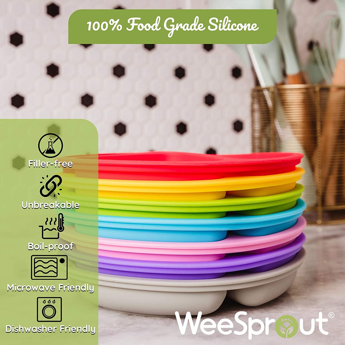 Suction Plates with Lids for Babies & Toddlers - 100% Silicone, Plates Stay Put with Suction Feature, Divided Design, Microwave & Dishwasher Friendly, 3 Pack