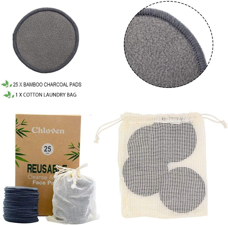 25 Pack Charcoal Bamboo Reusable Makeup Remover Pads - Bamboo Reusable Cotton Rounds for Toner, Washable Eco-Friendly Pads for All Skin Types with Cotton Laundry Bag