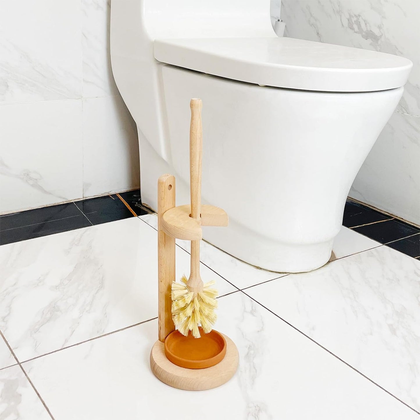 Wood Toilet Brush and Holder Set, Beechwood Toilet Bowl Cleaner Brush for Bathroom, Natural Sisal Bristles Toilet Scrubber with Stand