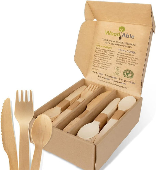 Wooden Cutlery Set (100 Count - 40Forks, 40Spoons, 20Knives), Eco-Friendly, Sustainable, Organic, Biodegradable, Vegan-Friendly, Disposable & Backyard Compostable
